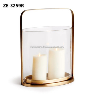 Gold Metal Lantern With Clear <b>Glass</b> Cylinder For Home Decoration Round Shape Candle Holder - Product Image 3