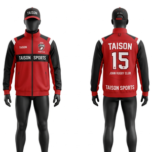 Veste d'entraînement de rugby en polaire polyester premium 280 GSM, design à panneaux contrastés rouge et noir, broderie personnalisée, logo par transfert thermique - Product Image 1