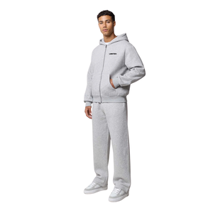 Men Winter Full <b>Zip</b> Hooded Solid Tracksuit Wide Leg <b>Trousers</b> Relaxed Fit <b>Side</b> Pockets Streetwear Wholesale Custom Two Piece - Product Image 1