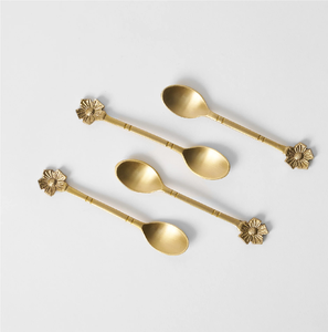 Brass Spoon <b>Flower</b> Design handle Cutlery newly Flatware Knife Fork Spoons Cutlery Set Gold Full Solid Handle Brass Spoon - Product Image 1
