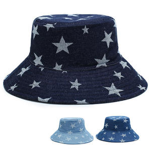 Unisex Polka Dot Denim Bucket <b>Hat</b> Spring Summer Casual Wear Blue <b>Navy</b> Cotton Yarn - Product Image 5