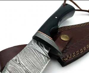Cuchillo de Camping de Hoja Fija de Acero de Damasco Forjado a Mano con Punta Caída, Mango de Micarta Negra y Funda de Cuero - DIY OEM - Product Image 4
