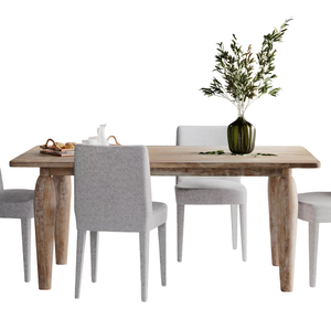 Table de salle à manger moderne en bois de manguier massif, finition naturelle, blanchie au sable, style rustique, plateau carré, pieds ronds courbés - Product Image 1