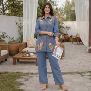 Ensemble en coton bleu brodé de fleurs pour femmes, manches trois quarts, col rabattu, tenue décontractée printemps-été - Product Image 4