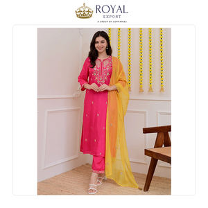 Diseño llamativo, nueva colección de ropa de estilo indio de primera calidad, Chanderi con bordado, conjunto Kurti y pantalón. - Product Image 5