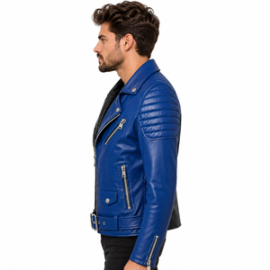 Chaqueta de Motociclista de Cuero Genuino para Hombre, Color Negro y Azul Sólido, Cierre de Cremallera, Cuello Camisero, Corte Ajustado, Manga Larga para Otoño - Product Image 2