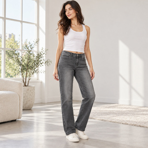 Jean en denim pour femme, taille mi-haute, coupe droite, avec fermeture éclair discrète et poche à monnaie - Gris fumé - Product Image 5