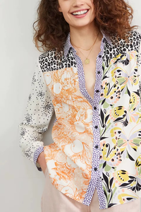 Blusa de Algodón Personalizada de Fábrica OEM para Primavera/Verano, Camisa Casual con Estampado de Moda y Parches en Contraste para Mujer, Transpirable - Product Image 4