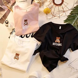 เสื้อยืดผ้าฝ้ายผู้หญิงสีชมพูแขนสั้นคอกลมปักลายการ์ตูนหมีเสื้อลำลองฤดูร้อน - Product Image 4