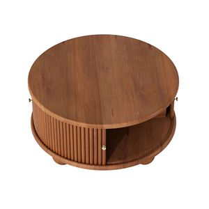 "Solid <b>Pine</b> Wood Round Fluted Coffee <b>Table</b> with Sliding Door Storage for Living Room and Tea Time" - Product Image 4