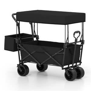 Black <b>Foldable</b> Utility <b>Wagon</b> with Adjustable Handle Puncture-Proof Wheels Brakes Removable Side Pockets for Outdoor Camping Cart - Product Image 1
