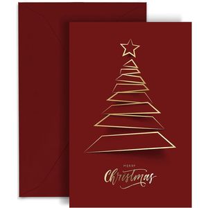 20 Christmas Greeting Cards with Gold Foiled Xmas Tree 6.75 X 4.5 Size Dark <b>Red</b> Self <b>Paper</b> with Envelope Seal Stick - Product Image 1