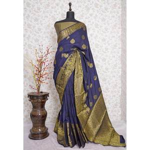 JARI EN SOIE BRUTE FANTAISIE AVEC SAREE DE TRAVAIL MINAKARI AVEC BLOUSE INCOSÉE SAREE BLEU MARINE - Product Image 1