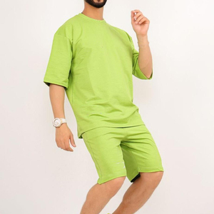 Men's Green Cotton Casual T-Shirt And Shorts Set Crew Neck Solid Color Summer Outfit Breathable Knitted Wear - Product Image 3