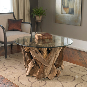 ARTERRA Luxury Modern Decorative Teak Root Coffee <b>Table</b> with Glass Top Round Natural Wood Living Room for Home & Hotel - Product Image 4