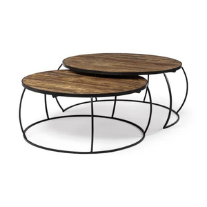 Wholesale Vintage Nesting <b>Tables</b> Set of 2 <b>Round</b> Solid Wood <b>Side</b> <b>Tables</b> with Durable Metal Frame for Living Room & Small Spaces - Product Image 3