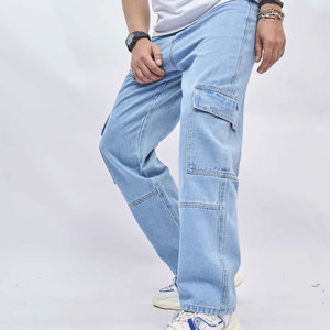 Jean cargo décontracté pour homme, coupe ample, taille mi-haute, en denim polyester, délavé clair, écologique, grande taille, avec poches plaquées - Product Image 4