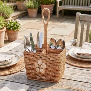 Cesta de mimbre rectangular ecológica tejida a mano para cubiertos, organizador de utensilios con asa, soporte de almacenamiento para encimera de cocina - Product Image 3