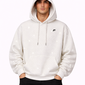 Sudadera con Capucha para Hombre, Detalle de Pedrería Blanca, Felpa de Algodón Grueso, Corte Holgado Regular, Diseño de Logotipo Frontal, Hombros Caídos - Product Image 1