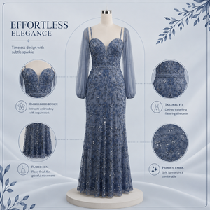 Womens Dusty Blue <b>Sequin</b> Embroidered Modern Draped Maxi Dress Sheer Long Sleeve Elegant Evening Wedding Formal Prom Party Gown - Product Image 5