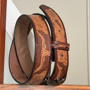 Manufacturer High Quality Genuine Cowhide <b>Leather</b> <b>Belt</b> with Floral & Longhorn Tooled <b>Leather</b> Design Adjustable <b>Belt</b> for Unisex - Product Image 5