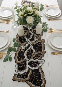 <b>Black</b> Gold Embroidered Luxury Floral Eco-Friendly Table <b>Runner</b> Customized Shape Fabric Handmade Glam Design - Product Image 4