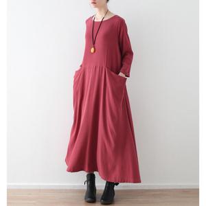 Robe longue élégante en coton et lin couleur rose marron, à manches longues, col rond, style bohème, coupe ample, décontractée, pour tous les jours, avec poches - Product Image 3
