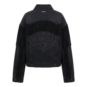 Veste en jean noire personnalisée pour femme, avec broderie à franges, style western, manteau vintage surdimensionné, fabricant OEM ODM - Product Image 2