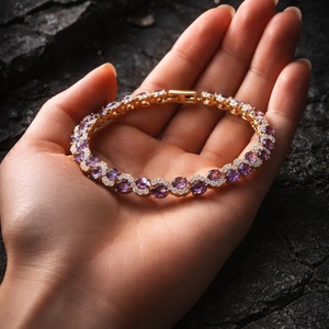 Brazalete de Cadena con Eslabones y Perlas de Agua Dulce, Moissanita Ovalada Morada, Chapado en Oro S925, para Mujer, Joyería de Aniversario - Product Image 1