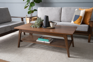 Versatile Rectangular Coffee <b>Table</b> with Slatted Storage Shelf and <b>Walnut</b> Wood Finish for Living Room and Office Waiting Area - Product Image 5