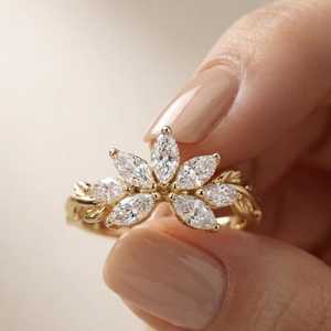 แหวนรูปทรงดอกไม้ประดับเพชรทรงมาร์คีส์ ดีไซน์กิ่งไม้ ทองคำแท้ 14k เพชรเพาะเลี้ยง เหมาะสำหรับงานปาร์ตี้ ของขวัญเซอร์ไพรส์สำหรับคนรัก - Product Image 1