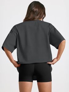 T-shirt ample à col rond et manches courtes pour femme, couleur unie, coupe décontractée, épaules tombantes, 100 % coton, tissu jersey respirant - Product Image 4