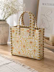 Quilted Striped Pattern Cotton <b>Tote</b> <b>Bag</b> Yellow <b>White</b> Zipper Closure Fashion Style All Seasons Use for Travel Shopping Beach - Product Image 2