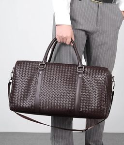 Men's Woven Leather Weekender Duffle Bag Diamond Pattern Large Capacity Zipper Closure Travel Bag <b>Soft</b> Handle - Product Image 1