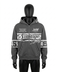 Sudadera con capucha personalizada Y2K Streetwear con cremallera y pedrería para hombre, estilo vintage lavado, oversize, con efecto ácido, 100% algodón, para invierno - Product Image 1