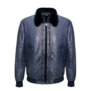 Blouson aviateur unisexe en cuir noir gaufré python, fait main, col rond, imperméable et respirant - Product Image 3
