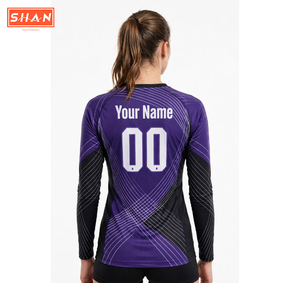 Camiseta deportiva de manga larga con cuello en V para mujer, sublimada con estampado degradado en negro y rosa, para voleibol. - Product Image 5
