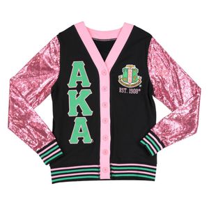 Cárdigan Rosa y Negro con Lentejuelas para Mujer, Chaqueta Bordada con Letras, Ropa Exterior de Moda, Suéter Casual con Botones Delanteros, Prenda Elegante para Uso Diario - Product Image 1