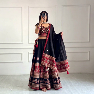 Women's Traditional <b>Lehenga</b> Choli Set With Dupatta Black <b>Red</b> Embroidered Wedding Wear India Pakistan Style - Product Image 1