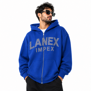 Sweat à capuche zippé personnalisé bleu avec strass pour hommes et femmes, style streetwear oversize, imprimé lettres en cristal, vente en gros - Product Image 1