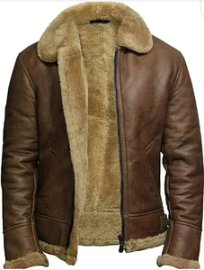 Veste en cuir pour homme, doublée en peau de mouton marron, style bomber zippé, vêtement d'extérieur d'hiver, doublure en fourrure. - Product Image 6