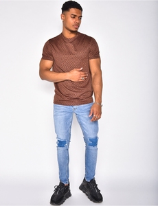 Chemise décontractée à manches courtes en tricot à motif géométrique marron pour homme, respirante, idéale pour l'été - Product Image 1