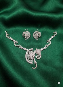 Unique <b>Elephant</b> and Fan Motif American Diamond Necklace Set Luxury CZ Crystal Animal Pendant Choker with Earrings Bridal Fashion - Product Image 5