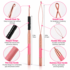 Kit d'outils de pose de perles pour extensions capillaires en or, en acier inoxydable, avec pince de fermeture et d'élimination de micro-perles, enfileur de boucles, poignée blanche ZetomedPro - Product Image 5
