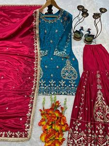 Ensemble de vêtements indiens/pakistanais TENNECY pour mariage, comprenant un haut brodé fantaisie et un dupatta, avec un pantalon palazzo extensible et réversible, idéal pour les occasions spéciales. - Product Image 3