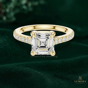 แหวนเพชรทรง Asscher แบบเรียบหรู ฝังเพชรแล็บโกรว์ ดีไซน์แบบสี่ก้านเปิด แหวนมินิมอล ประดับเพชรแบบไมโครเพฟ ทองคำแท้ แหวนเรียบง่ายสำหรับเธอ - Product Image 4