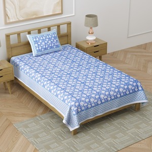 Heritage <b>Single</b> Cotton <b>Bedsheet</b> Blue Botanical Hand Block Print with Matching Pillow Cover for Home Hotel Bedding - Product Image 2