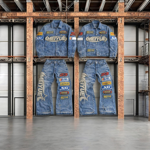 Custom Applique Embroidery Logo Unisex Embroidery Patch Acid Wash Winter <b>Jacket</b> <b>Denim</b> Jeans Set Streetwear 100% Cotton Tracksuit - Product Image 6