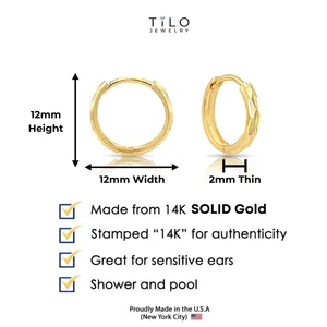 Pendientes de Aro Huggie Redondos de Oro Amarillo Sólido de 14K con Corte de Diamante, Tamaño Pequeño 12MM - Product Image 2