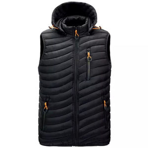 Gilet matelassé à capuche pour homme, imperméable, coupe-vent, séchage rapide, sans manches, fermeture éclair sur le devant, bleu marine uni, décontracté - Product Image 1
